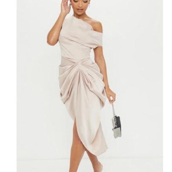 champagne satin pleat detail bardot flared sleeve shift dress Annie | Champagne Satin Bardot Maxi Dress With Split Wrap Skirt main image 1